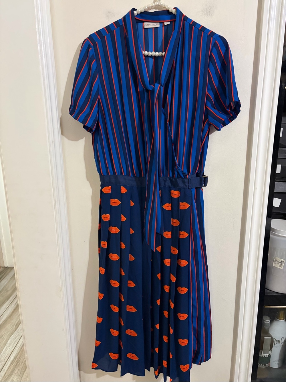 New York & Company Navy and Orange Striped & Pleated Midi Dress - Picture 2 of 15